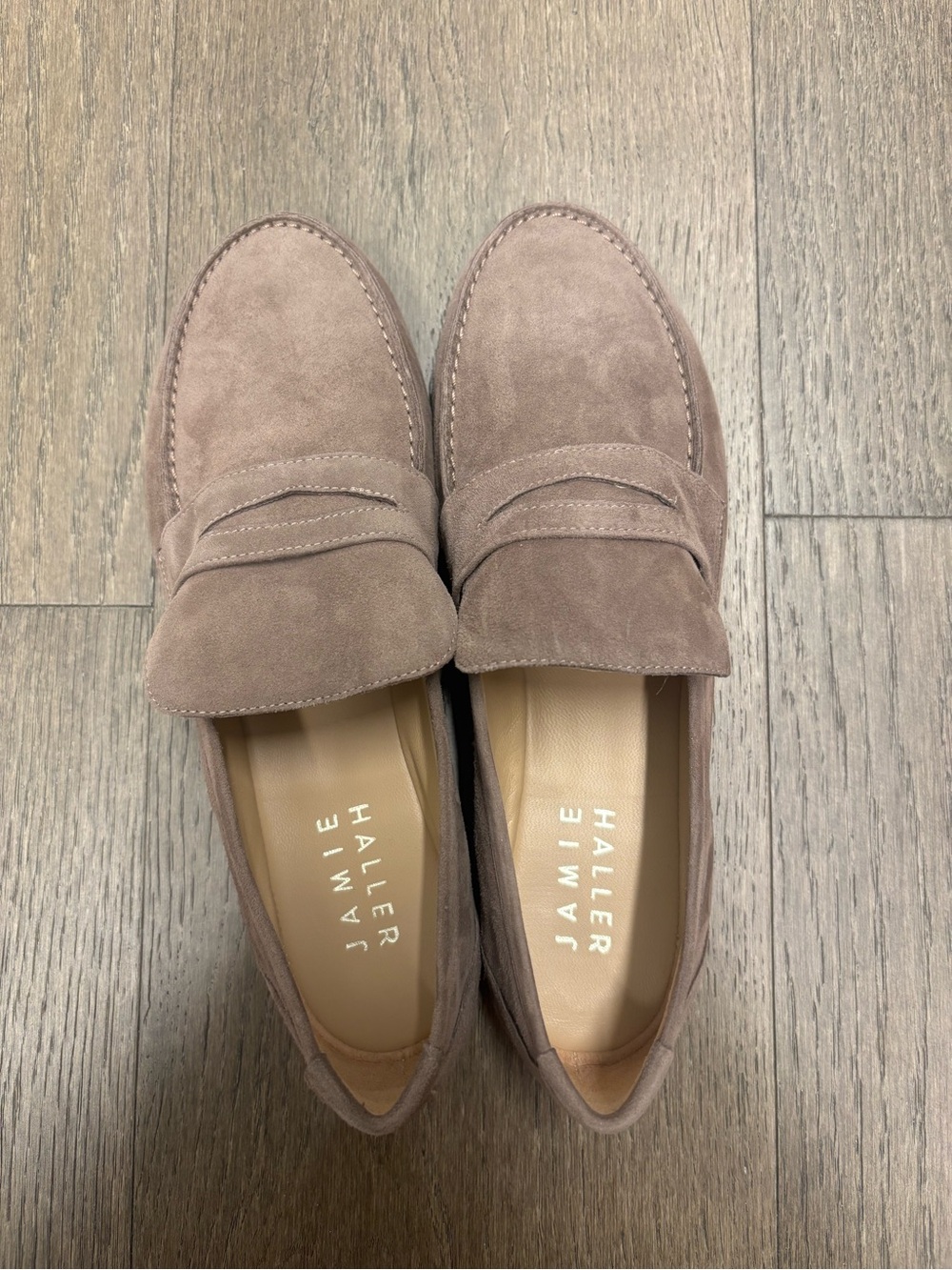 NWT JAMIE HALLER-Suede Taupe Penny Loafer (38)
